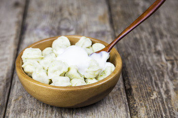 Dumplings in a wooden bowl