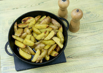 Fried potatoes in a frying pan.