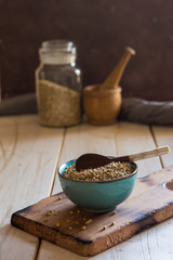 Bowl ceramic filled with buckwheat.