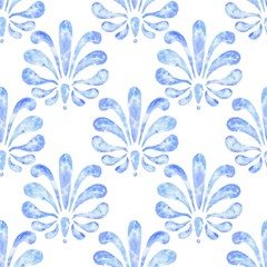 Fototapeta na wymiar Hand drawn watercolor ancient greek palm ornament, blue seamless pattern, vintage repeating background.