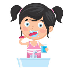 Vector Illustration Of Kid Brushing Teeth