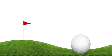 Golf ball on green grass hill of golf course isolated on white.