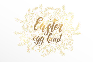 Easter poster with hand made trendy lettering "Happy Easter" and golden floral symbols in sketch style. Banner, flyer, brochure. Easter Background for holidays, postcards, websites