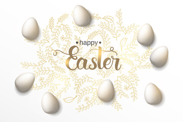 Easter poster with hand made trendy lettering "Happy Easter" and golden floral symbols in sketch style. Banner, flyer, brochure. Background for holidays, postcards, websites