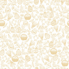 Easter seamless pattern with paschal symbols in sketch style. Layout for holidays. Seamless pattern can be used for pattern fills, wallpaper, web page background, surface textures.