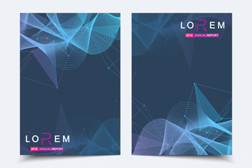 Scientific brochure design template. Vector flyer layout, Molecular structure with connected lines and dots. Scientific pattern atom DNA with elements for magazine, leaflet, cover, poster design.