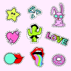 Fashion patch badges with lips, rainbow, glasses, donut, diamond, speech bubbles, love, rabbit, cactus, heart, love and other elements. Very large set of girlish stickers, patches in cartoon isolated