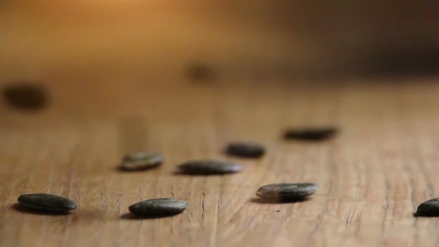 Pumpkin Seeds authentic Slow-Motion falling on wooden table, close up