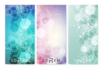 Modern set of vector flyers, banners. Geometric abstract presentation. Molecule and communication background for medicine, science, technology, chemistry.