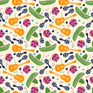 Colorful sketch mexican symbols seamless pattern