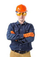 Portrait of smiling repairman (builder) in helmet  isolated on white background