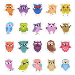 Cartoon cute owls set. Funny and angry birds collection