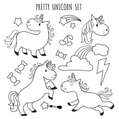 Kids coloring page. Unicorn set for coloring book