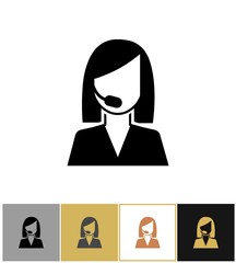 Operator icon. Call center secretary, sales agent or telephone assistant pictogram on gold and white background