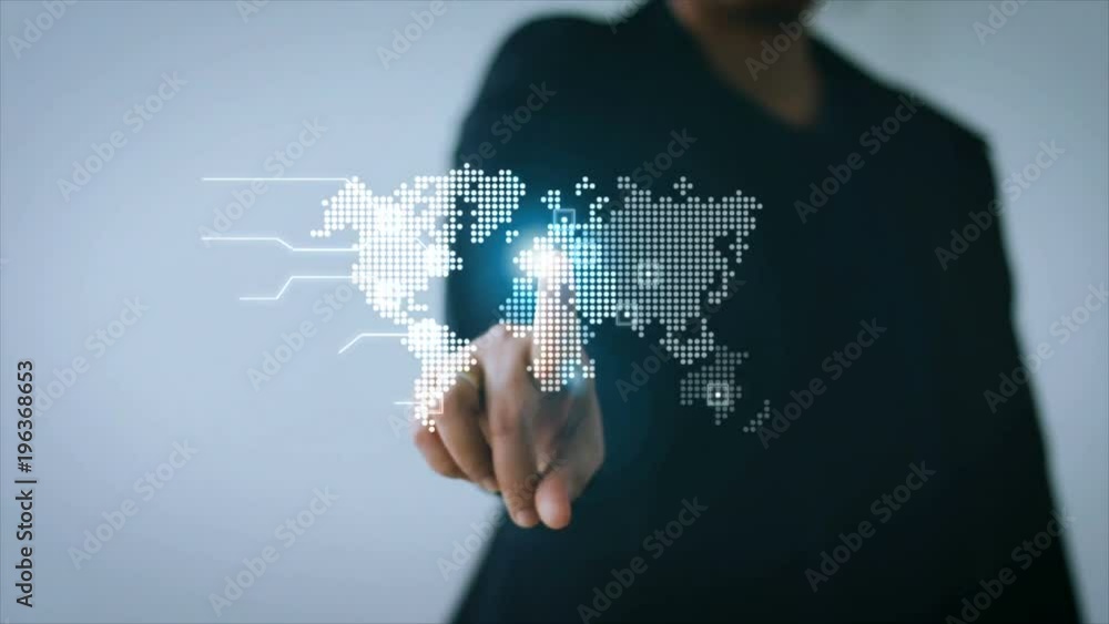 Poster hand of business woman pointing at ui world map with user interface and icon for network security pa