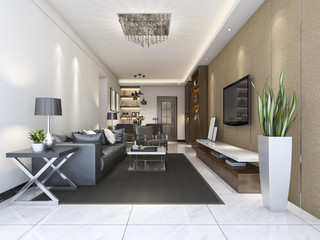 3d rendering luxury and modern living room near kitchen