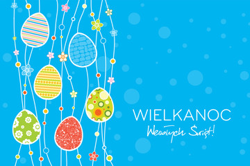 Wielkanoc Wesołych Świąt, koncepcja kartki z życzeniami w języku polskim, dekoracja z jaj i kropek w tle - obrazy, fototapety, plakaty