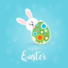 Greeting card concept Happy Easter, bunny holding a decorated Easter egg, pattern in background