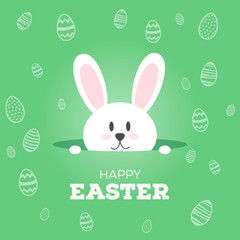 Happy Easter, concept of greeting cards, bunny leaning out of the burrow, background with Easter eggs design