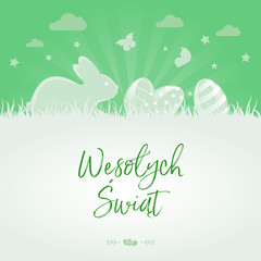 Wesołych Świąt Wielkanocnych po polsku z pisankami, króliczkiem i motylami na zielonym tle - obrazy, fototapety, plakaty