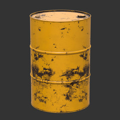 Old rust metal barrel oil on black background. 3d render illustration