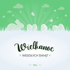 Wesołych Świąt Wielkanocnych po polsku z pisankami, króliczkiem i motylami na zielonym tle