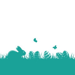 Pusta kartka wielkanocna z pisankami, króliczkiem i motylami na turkusowym tle
