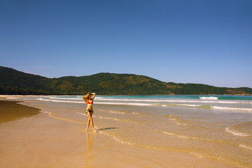young woman in swimsuit walking along the seashore, Brazil