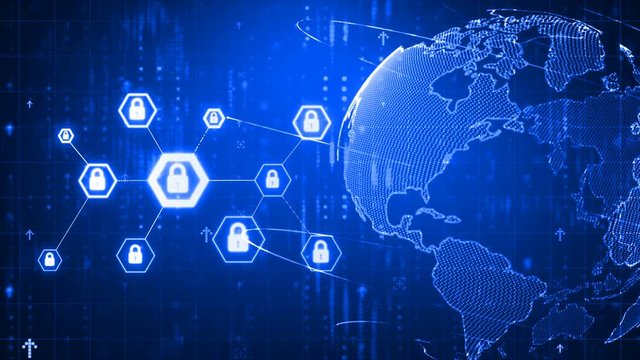 4K Animation hexagon shape with lock icon for network security padlock cyber futuristic technology concept on dark background with grain processed