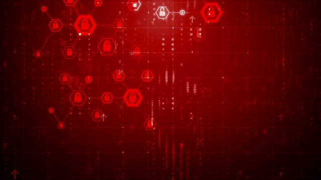 4K Animation hexagon shape with lock icon for network security padlock cyber futuristic technology concept on dark background with grain processed