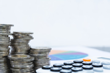 Stock financial indices with stack coin and copy space for insert text. Financial stock market in accounting market economy analysis.