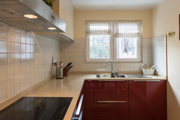 Red modern kitchen with new appliances