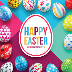 Happy Easter Day with Colorful Painted Easter Eggs.Vector illustration EPS10