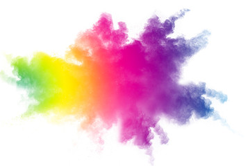 Abstract multicolored powder explosion on white background.  Freeze motion of color dust  particles splash. Painted Holi