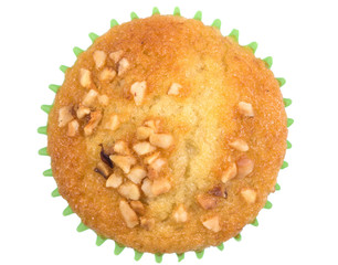 Fresh homemade delicious muffins,cupcake,banana cake with dried nuts isolated on white background, Top view with clipping path.