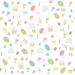 Vector seamless simple pattern with eggs, easter cake, willow, candle, tulips . Orthodox  Easter holiday colorful background for printing on fabric, paper for scrapbooking, gift wrap and wallpapers.