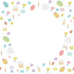 Fototapeta premium Vector simple background with ornamental eggs , easter cake, willow, candle, tulips. Orthodox Easter holiday colorful background for card, banner, site and wallpapers. Pastel colors.