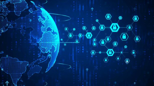 4K Animation hexagon shape with lock icon for network security padlock cyber futuristic technology concept on dark background with grain processed