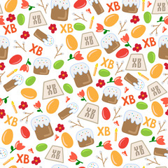 Vector seamless simple pattern with eggs, easter cake, willow, candle, tulips . Orthodox  Easter holiday colorful background for printing on fabric, paper for scrapbooking, gift wrap and wallpapers.