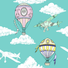 Seamless pattern with clouds, hot air balloons and airplanes