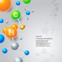 Abstract molecules design. Vector illustration. Atoms. Medical background for banner or flyer. Molecular structure with colorful spherical particles