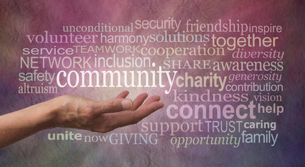 Get involved with your Community Word Tag Cloud - Female open palm hand against rustic stone effect...