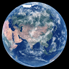 Earth from space. Satellite image of planet Earth. Photo of globe. Isolated physical map of Eurasia (China, Russia, India, Turkey, Japan, Indonesia, Germany). Elements of this image furnished by NASA. - 196372838