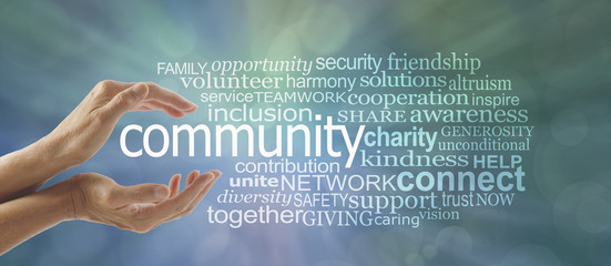 Make a Difference in Your Community Word Cloud - Female cupped hands around the word COMMUNITY and a relevant word tag cloud against a blue green bokeh background
