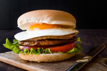 Homemade Double Hamburger with Egg, Lettuce and Tomatoes.