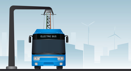 Blue electric bus at a stop is charged by pantograph. Vector illustration EPS 10