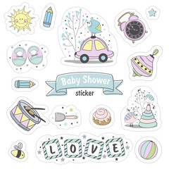 Set of Baby shower stickers. Isolated on a white background drawn by hand.