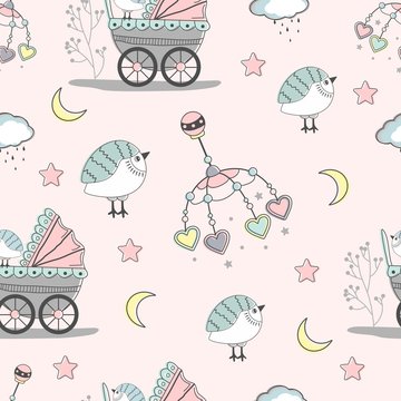 Seamless pattern with children's elements. Perfect for a Baby Shower. Baby cards, packaging and labels. Vector illustration
