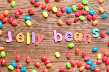 The words jelly beans displayed with colorful jelly beans
