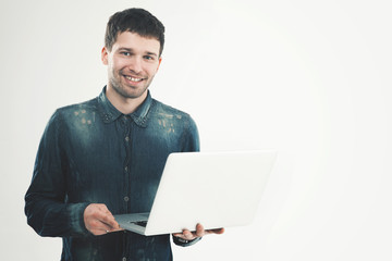 portrait marketing Manager with notebook on a white background